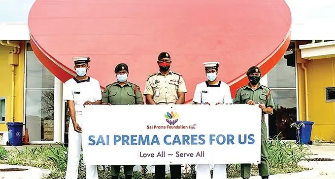 Republic of Fiji Military Forces army and navy personnel outside the Sanjeevani Hospital in Suva on September 9, 2021.   Photo: Sai Prema Foundation 