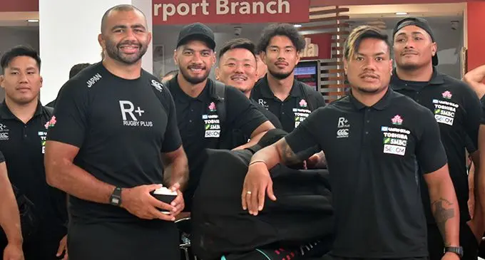 Japan rugby captain Michael Leitch (left) with team-mates at Nadi International Airport on August 5, 2019.  Photo: Mereleki Nai