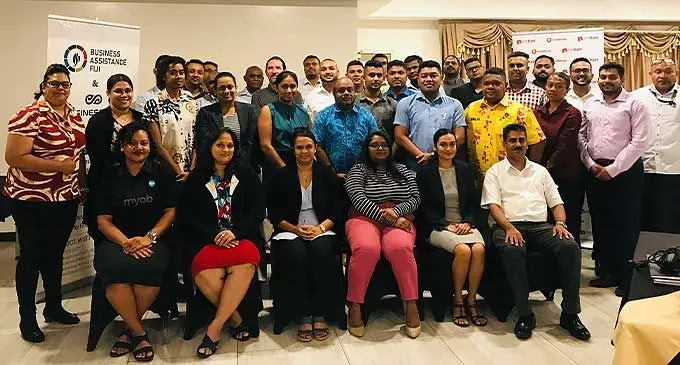 Sitting right: Business Assistance Fiji general manager Ramesh Chand with representatives from service providers to small micro entrepreneurs during their inaugural net- working workshop in Suva on October 5,2022. Photo: Laisa Lui.