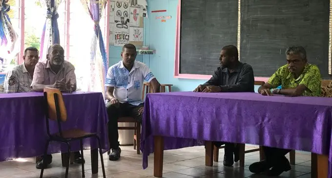 Lagalaga Central Committee Rice Farmers president Arun Deo (left) stating his opinion as Assistant Minister for Agriculture Viam Pillay (right) listens during a meeting with rice farmers at Lagalaga Sanatan Primary School on February 23, 2018.  Photo: Shratika Naidu