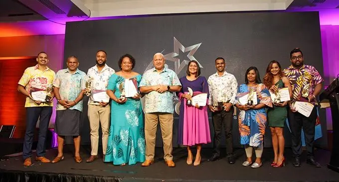 Prime Minister Voreqe Bainimarama with Winners of the Prime Minister’s Youth Awards. From left: Sivendra Michael, Minister for Commerce Faiyaz Koya, Apakuki Nalawa, Wati Marawai Talavutu, Anabel Zareen Ali, Sarvesh Chetty, Kasmin Khan, Komal Kratika Raj and Kushal Pillay at the Grand Pacific Hotel on May 6, 2022. Photo: Leon Lord.