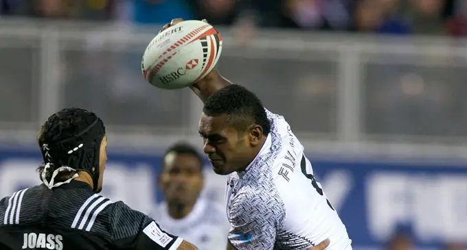 Fiji Airways Fijian 7s prop Vasikali Mudu on the charge against New Zealand in the USA Sevens Cup quarterfinals at the Sam Boyd Stadium, Las Vegas in USA, on March 4, 2018.  Photo: Bruce Southwick/Zoom Fiji