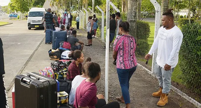 Some of the  home bound Solomon Islanders outside the University of the South Pacific on May 27, 2020. Photo: Ronald Kumar