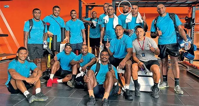 Fiji Airways Fijian 7s players: Standing, from left, Filipo Sauturaga, Tevita Daugunu (captain), Filipo Bukayaro, Josua Vakurinabili, Joseva Talacolo, Vuiviawa Naduvacu, Sevuloni Mocenacagi, Jeremaia Matana, Semi Kunatani. Sitting, from left, Manueli Maisamoa, Napolioni Bolaca, Waisea Nacuqu, Kaminieli Rasaku, Elia Canakaivata, Etu Tusitala (strength and conditioning coach) in Toulouse, France. Photo: PINA.