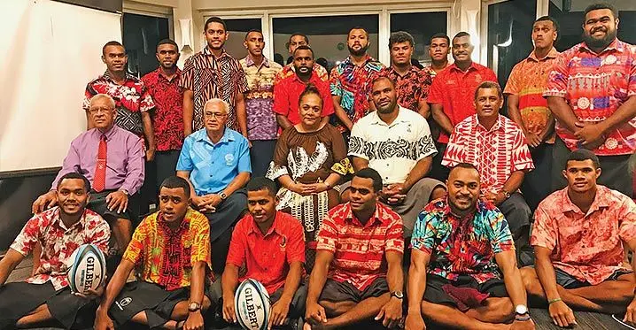 Vanuabalavu Rugby Club officials, players and Fiji Rugby Union acting chief exeutive officer Tevita Tuiloa (seated middle row, fourth from left), during the launch at Suva Peninsula Hotel on February 24, 2023. Photo: Laisa Lui