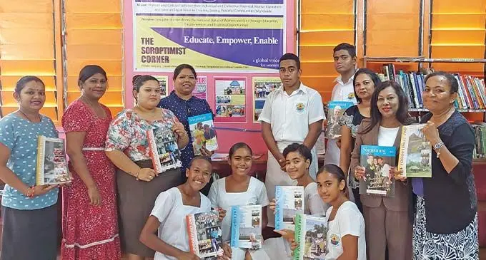 Soroptimist International Lautoka Club president, Vinesh Prasad (standing fourth from left) with the students, teachers and members of the club following the launch of the special corner at Central College. Photo: Nicolette Chambers