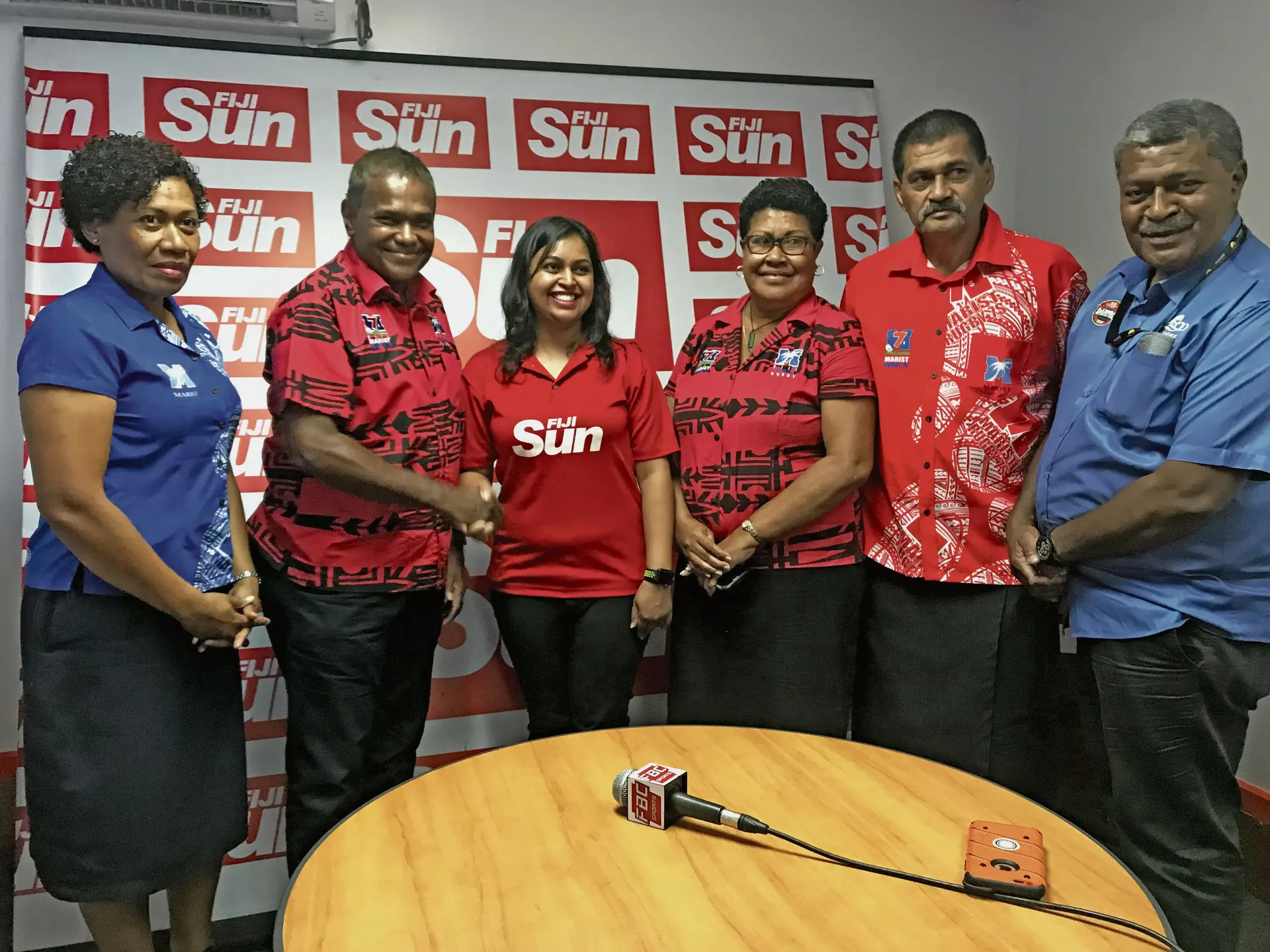   From left; Litia Senibulu, Marist Rugby club president Lawrence Tikaram, Fiji Sun General Manager Advertising and Business Development Rachna Lal, Miriama Sailosi, Jackson Evans and  Anare Wailevu during the partnership signing on March 7,2018. Photo: Rosi Doviverata
