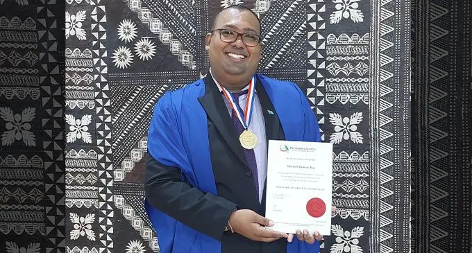Shivneil Kumar Raj after the University of Fiji graduation on April 28, 2023 at the Saweni, Lautoka campus. Photo: Salote Qalubau