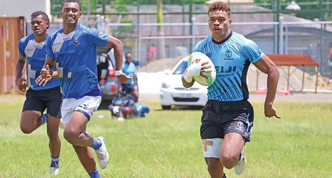Fiji sevens squad member Sakiusa Siqila on his way to the try line during their scrimmage session with the Police sevens team at Bidesi Park, Suva on January 14, 2025. Photo: Asenaca Ratu