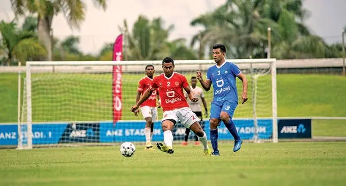 Rewa’s Peniame Drova defends against Lautoka’s Zibraaz Sahib during their match at the ANZ Stadium on November 7, 2021. Photo: Leon Lord