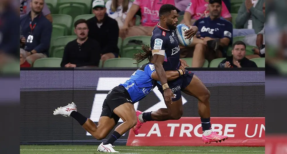 Rebels winger Filipo Daugunu in full flight against Western Force at AAMI Park, Melbourne, Australia, on March 1, 2024. Photo: WWOS Ninde