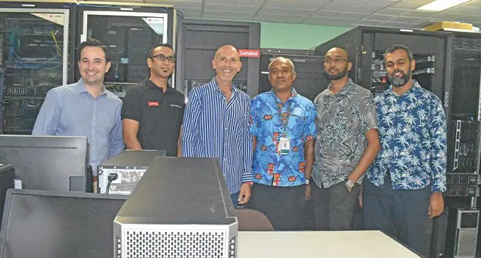 From left: Jay Shaw, Account Executive (Lenovo), Navin Lal, Chief Technology Officer (VirtualFlex), Sinisa Nikolic, Director of High Performance Computing and AI (Lenovo), Leonard Bale, Acting Principal Systems Analyst (Fiji MET), Ravishay Prasad, Group Manager Projects & Innovation (VirtualFlex) and Adil Ali, Systems Analyst (Fiji MET). Photo: Mereleki Nai