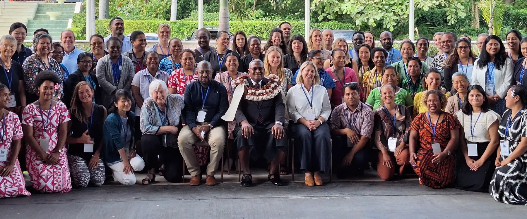 (Sitting from left) Pacific School Food Network Papua New Guinea country lead Lazarus Dawa, Assistant Minister for Health and Medical Services Penioni Ravunawa, Pacific School Food Network chair Sarah Burkhart, with the participants and delegates at the Pacific School Food Talanoa in Nadi.