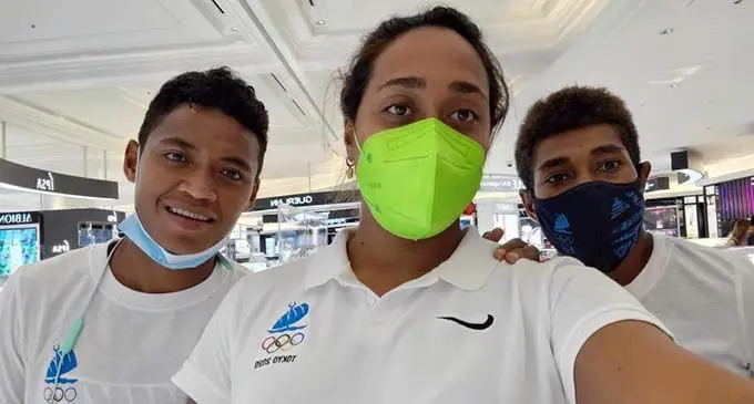 From left: Viniana Riwai, Cheyenne Rova and Reapi Uluinasau before departing Japan on August 10, 2021. Photo: Cheyenne Rova