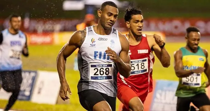Fiji and Pacific sprint king Banuve Tabakaucoro (left) is one of our athletes who are waiting for the Olympic Games qualifying events. Photo: Samoa Observer