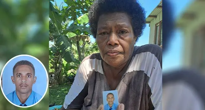 Siliva Bulileka, 63, holds a picture of her son, Ponipate Bainivalu at their  home in Sabeto, Nadi. Inset: Ponipate Bainivalu. Photo: Waisea Nasokia