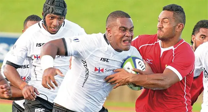 Fijian Warriors John Dyer drive his way to the try line against Tonga during 2019 World Rugby Pacific Challenge at ANZ Stadium, Suva on March 8, 2019.. Photo: Ronald Kumar