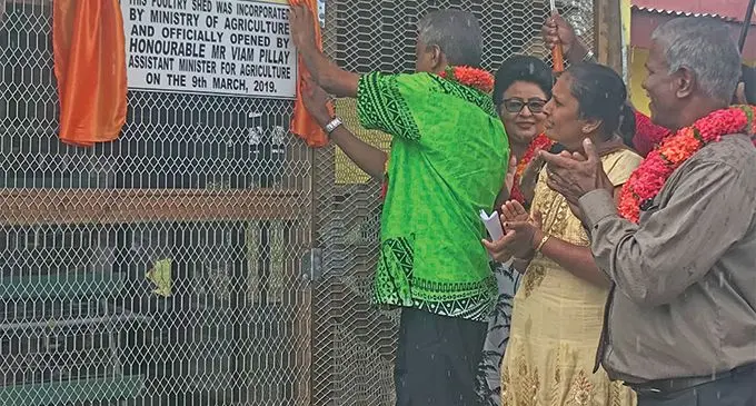 From left: Assistant Minister for Agriculture Viam Pillay, Assistant Minister for Women, Children and Poverty Alleviation Veena Bhatnagar Meena Gounder and the Assistant Minister for iTaukei Affairs, Foreign Affairs and Sugar Industry George Veganathan at the official opening of the poultry shed at Coqeloa, Labasa on March 9th,2019. Photo: Laisa Lui