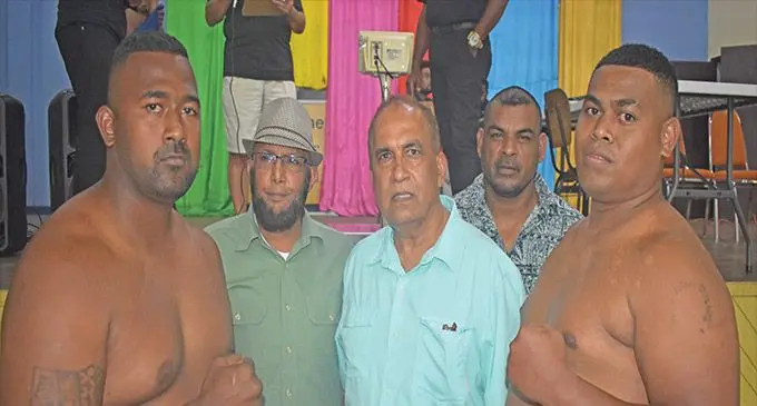 From left: Fiji heavyweight champion James Singh, Boxing Commision of Fiji director (West) Usman Lale Ali, South Pacific Boxing Promotions director Mohammed Shameem in Nadi on October 14, 2022.