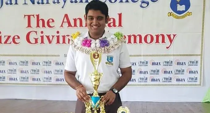 Shivek Shandil with his trophies during the Jai Narayan’s prize-giving ceremony last year.