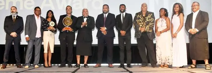 Prime Minister Voreqe Bainimarama (fifth from left), with the main award recipients, Fiji Airports, at the Sheraton Fiji Resort, Denarau, Nadi, on November 16, 2019,  during the Prime Minister’s International Business Awards 2019.  Photo: Waisea Nasokia
