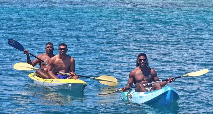 Swire Shipping Fijian Drua reps (left-right) Kalione Nasoko, Iosefo Masi and Frank Lomani at the Seventh Heaven in the Mamanucas on March 28, 2023. Photo: Fijian Drua