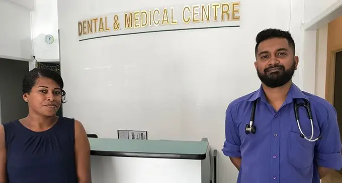 Dr Ashank J Naidu (right) with staff member Salanieta Namoumou at the Namaka Clinic on May 26, 2020. Photo: Waisea Nasokia