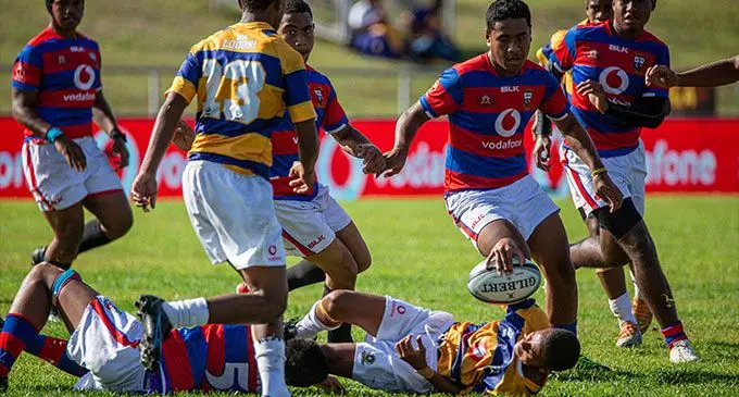 Marist Brother High School and Ratu Kadavulevu School tussle for the ball in the Vodafone Super Deans Trophy Under-14 final at Churchill Park, Lautoka, this morning. Photo: Leon Lord