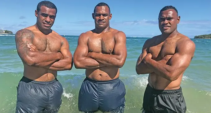 From left: BLK Nadroga winger Levani Kurumudu, Sakiusa Nakalevu (captain) and Amenoni Nasilasila during training at the Cuvu beach in Sigatoka on June 19, 2019. Photo: Waisea Nasokia