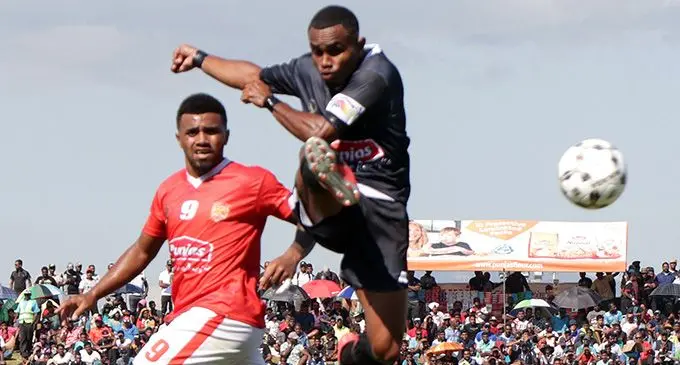 Delta One Automotive Repairs Rewa striker Setareki Hughes (left) against Priceline Pharmacy Ba during the Punjas Battle of the Giants semifinal at Churchill Park, Lautoka on August 15, 2020. The match ended at 2-2 but Rewa won 8-7 on a penalty shootout to play in today’s final. Photo: Fiji FA Media