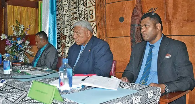 From left: Commissioner Eastern Vitale Varo, Lomaiviti Provincial Council chairperson Joji Qaranivalu and Roko Tui Lomaiviti Sakiusa Navakaroko during the Lomaiviti Provincial Council meeting at Ovalau, Levuka on June 9, 2022. Photo: Inoke Rabonu