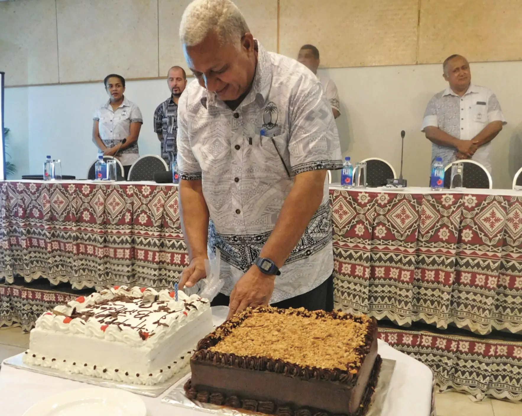 Prime Minister and Fiji Rugby Union president Voreqe Bainimarama cuts his birthday cake during the FRU annual general meeting at the Novotel Suva Lami Bay on April 27, 2019. Photo: FRU Media