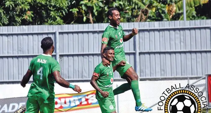 Jack’s Nadi striker Rahul Krishna is mobbed by team-mates after scoring the first goal in the Vodafone Fiji FACT semi-final at Churchill Park, Lautoka on May 11, 2019.  Nadi won 3-2 to book a spot in today’s final.  Photo: Fiji FA Media