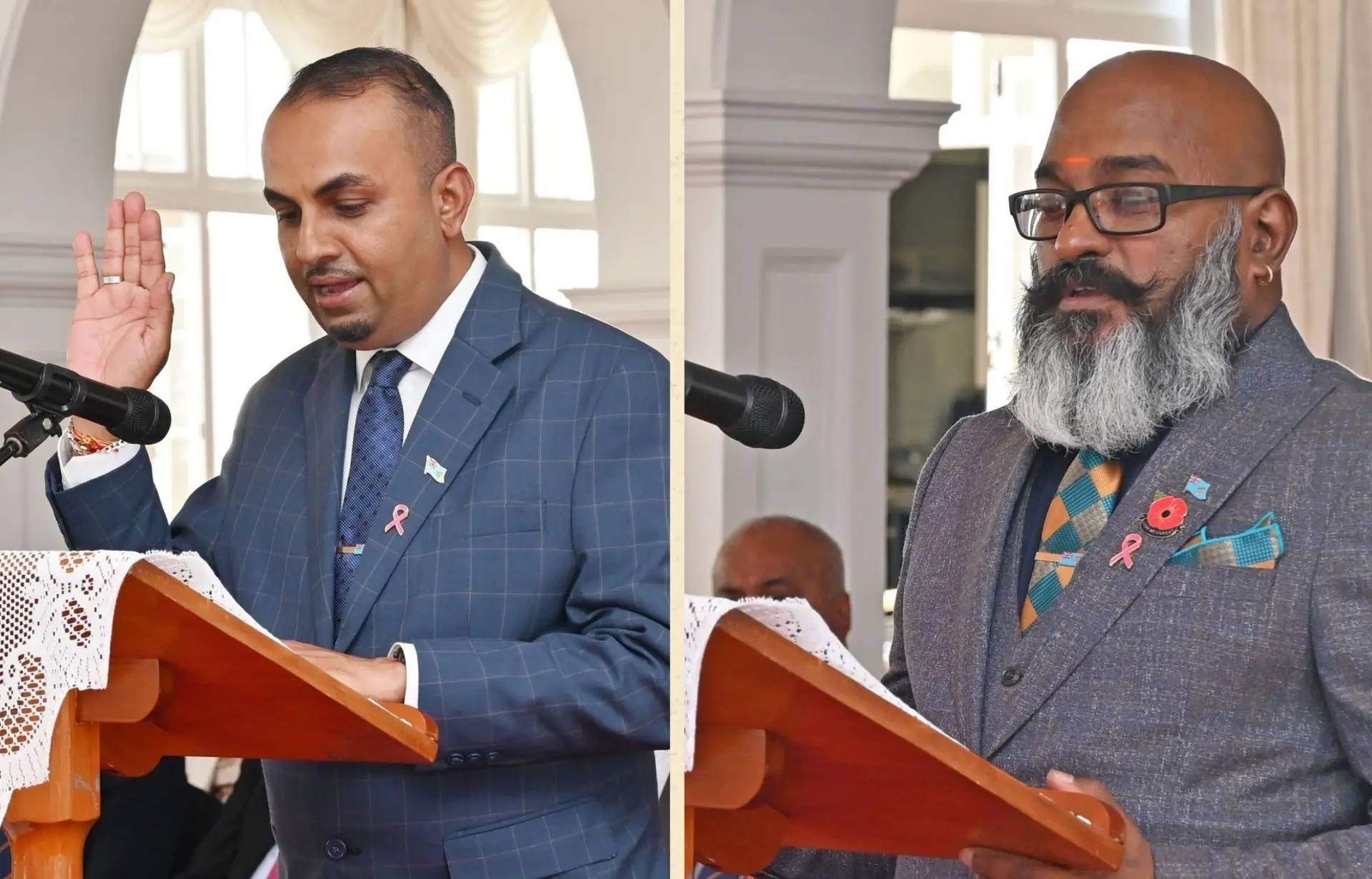 Independent Members of Parliament Shalen Kumar (left) and Sachida Nand during their swearing-in ceremony at State House on October 3, 2025.