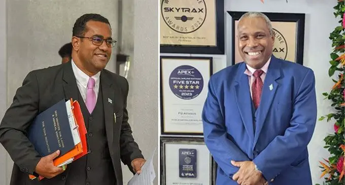(L-R) Outgoing Minister for Lands and Mineral Resources Filimoni Vosarogo and Outgoing Attorney-General Siromi Turaga.