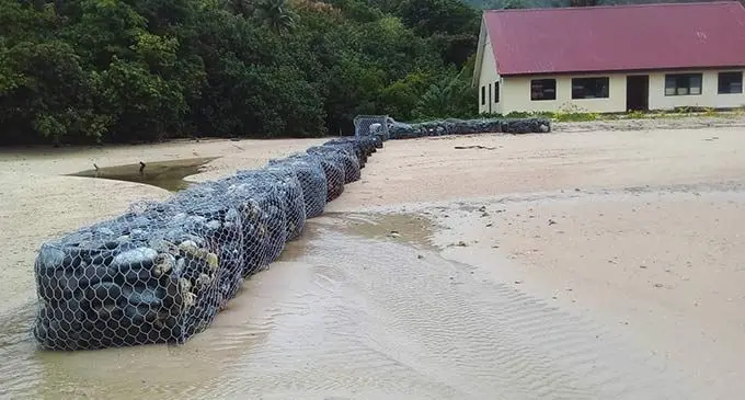 A gabion seawall at Vabewa Village in Yasawa is built to protect sand erosion. Photo: Supplied