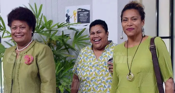 Opposition Members of Parliament Salote Radrodro, Tanya Waqanika and Lynda Tabuya outside Parliament on February 9, 2021. Photo: Ronald Kumar.