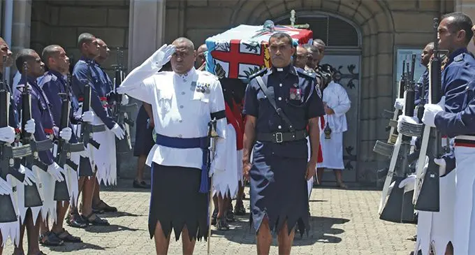 Pallbearers from the Fiji Police Force carrying the casket of the late SP Hemadh Kumar outside the Sacred Heart Cathedral Suva on March 2, 2019. Photo: Simione Haravanua