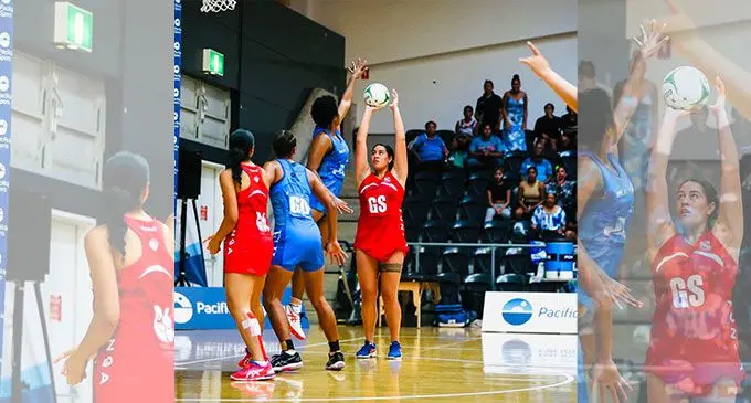 Tonga Goal Shooter Uneeq Sokopeti Palavi takes aim for goal against Fiji Pearls during the PacificAust Sports Netball series in Melbourne on March 22, 2022.Tonga walloped Fiji Pearls 68-54. Photo: Tonga Netball.