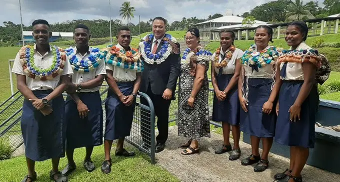 From left: LDS Church College deputy head boys Adrian Kumar and Josefa Vavaloa, head boy Metuisela Cavu, Elder Adolf Johansson, wife, Martha, head girl Kasanita Baleiwai and deputy head girls Lemaira Vitinavulagi and Kelera Uluiviti after the induction ceremony at the school on February 4, 2020 . Photo: Shreeya Verma