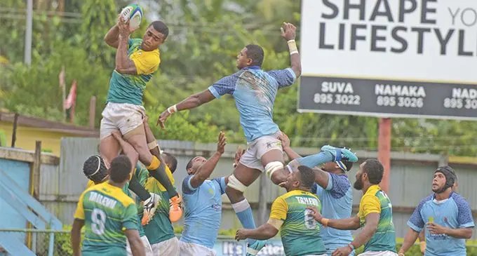 Tailevu’s Autiko Domonakibau wins the line-out against Suva’s Tuivagalele Sorovakatini during Skipper Cup Premier clash at Ratu Cakobau Park, Nausori on April 13, 2019. Photo: Ronald Kumar