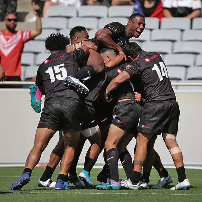 Vodafone Fijian Bati players celebrate a try against Toa Samoa in the Oceania Cup at Eden Park in Auckland, New Zealand on November 2, 2019.  Photo: Nrl.com