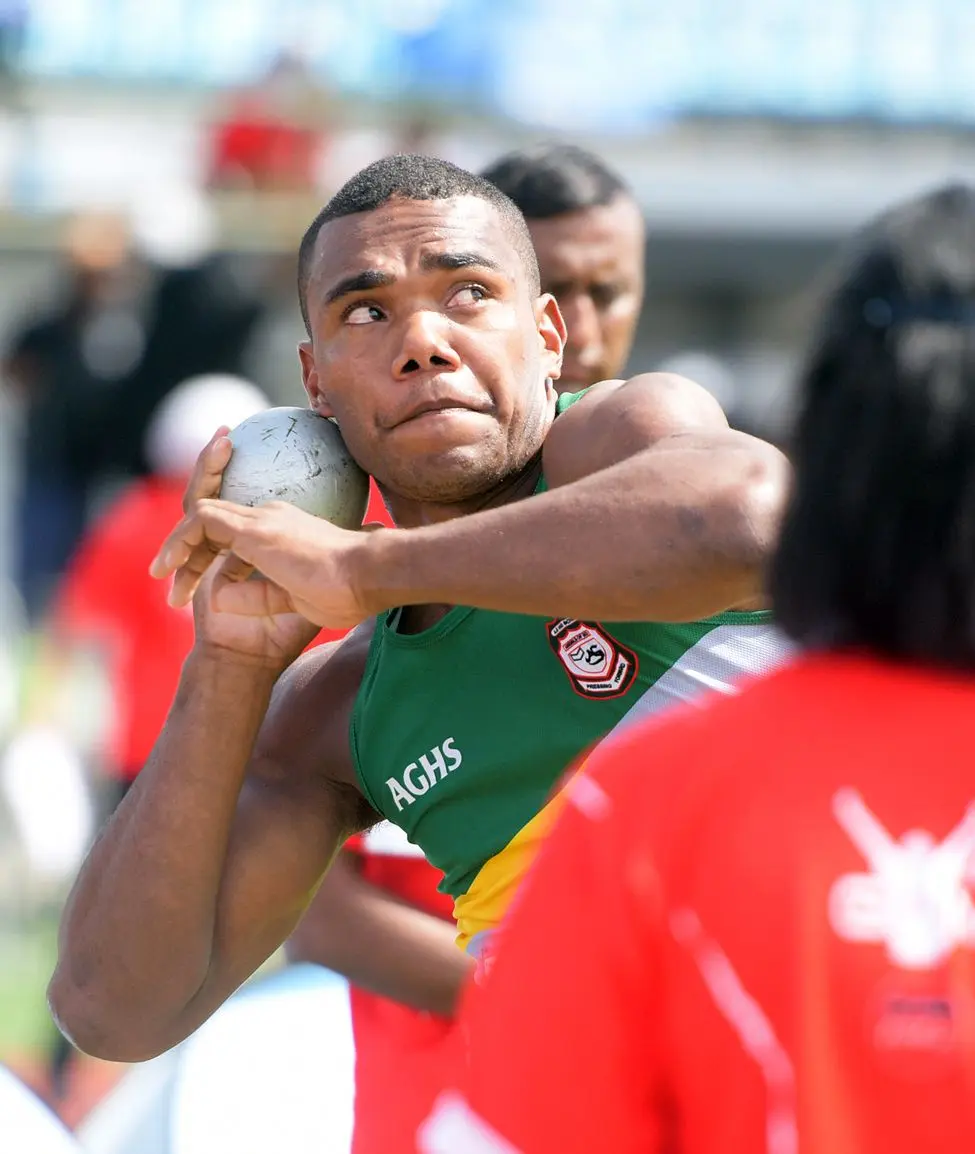 Nemani Tamani of AOG during  Coca-Games  shot put Senior boys finalat ANZ Stadium on Ap[roil 16, 2019. Photo: Ronald Kumar.