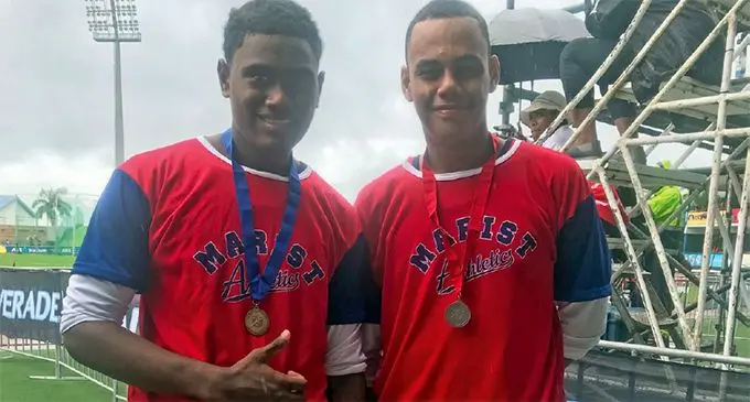 Marist Brothers High School athlete Ioane Qalovi (left) with a teammate at the ANZ Stadium, Suva on April 17, 2019. Photo: Grace Narayan
