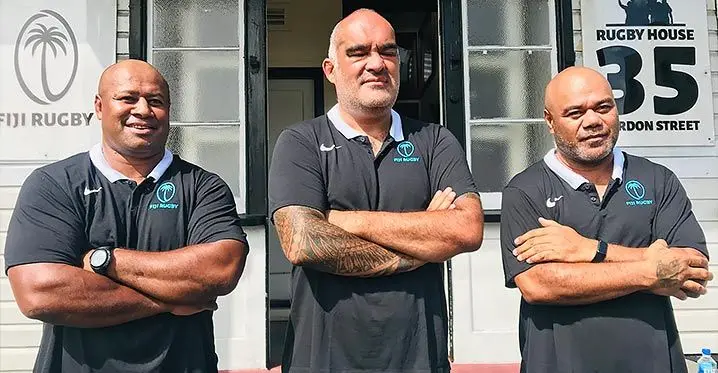 From left: Flying Fijians assistant coach Seremaia Bai, head coach Simon Raiwalui and assistant coach Senirusi Seruvakula in Suva on February 27, 2023. Photo: Laisa Lui