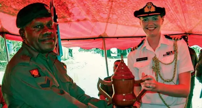 Corporal Luvubula and New Zealand defence attachee Sarah Bamfield.  Photo: Republic of Fiji Military Forces