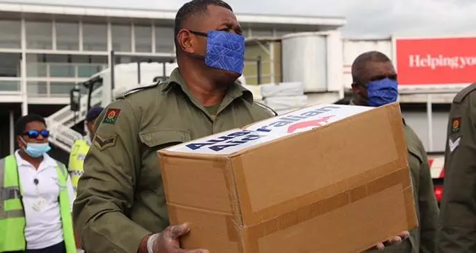 Members of the Republic of Fiji Military Forces at the Nadi International Airport loading the relief supplies brought in from Australia on April 18, 2020. Photo: Australia in Fiji / Facebook