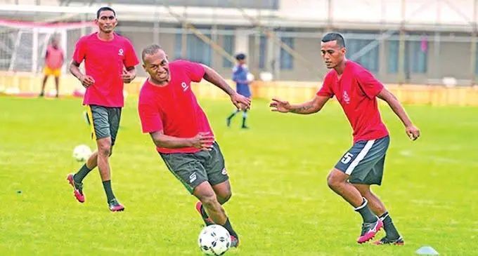 Rewa goalkeeper, Simione Tamanisau (centre) with Remueru Takiate (right) during the Police team training session at Fiji FA grounds, Vatuwaqa on December 15, 2021. Photo: Ronald Kumar