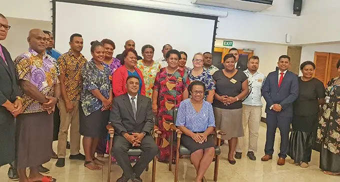 Supervisor of Elections, Mohammed Saneem (standing, third from right), Chairperson of the Electoral Commission, Mukesh Nand (sitting, left) with representatives from the UNDP including the Community Elections Advocates at the Tanoa Waterfront Hotel in Lautoka on April 19, 2022. Photo: Nicolette Chambers