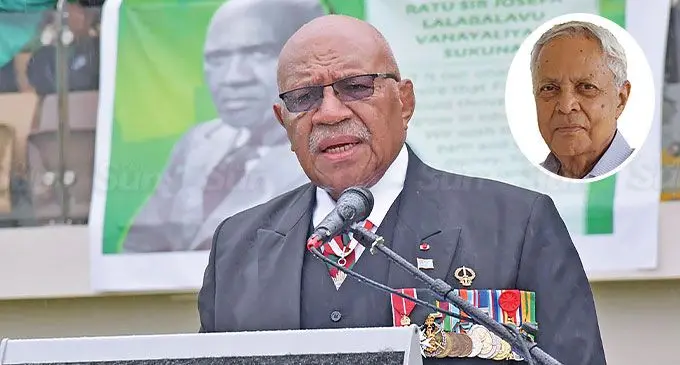 Prime Minister Sitiveni Rabuka giving his speech during the Ratu Sukuna Day celebration at Albert Park, Suva on May 31, 2024. Photo: DEPTFO News Inset: Mahendra Chaudhry.